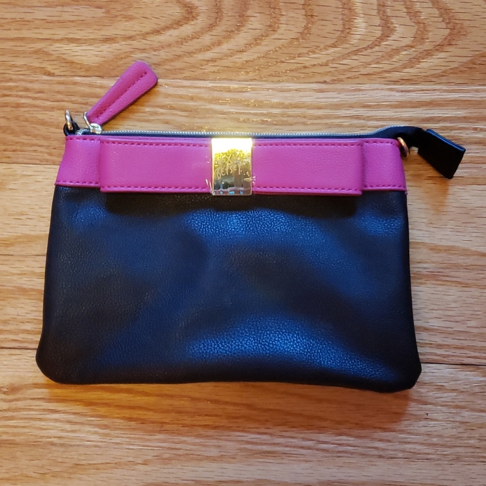 Betsey Johnson small black clutch with pink bow OS